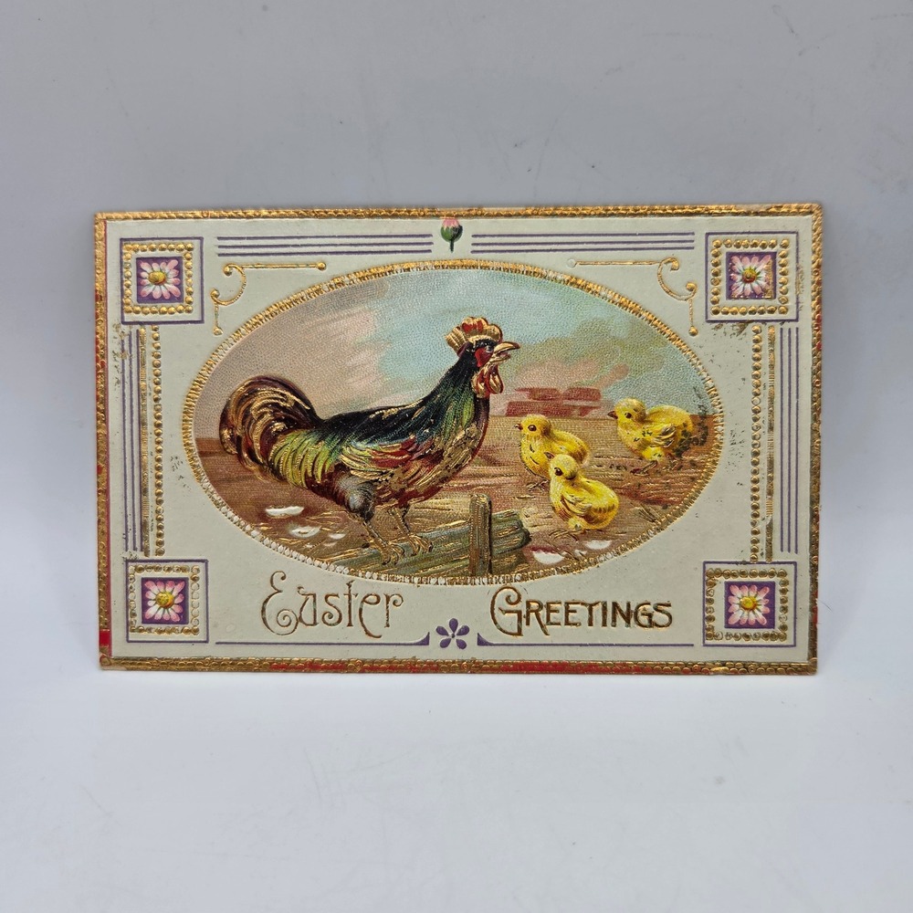 Vintage Antique Easter Greetings Postcard Rooster Chicks Embossed Gilt Germany